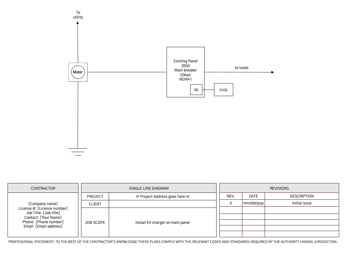 Residential EV charger single line diagram template with a 50A breaker in a 200A main panel
