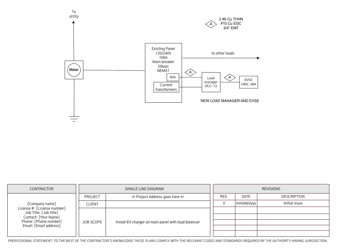 Residential EV charger single line diagram template with DCC-12 load balancer and 48A EVSE on a 100A main panel