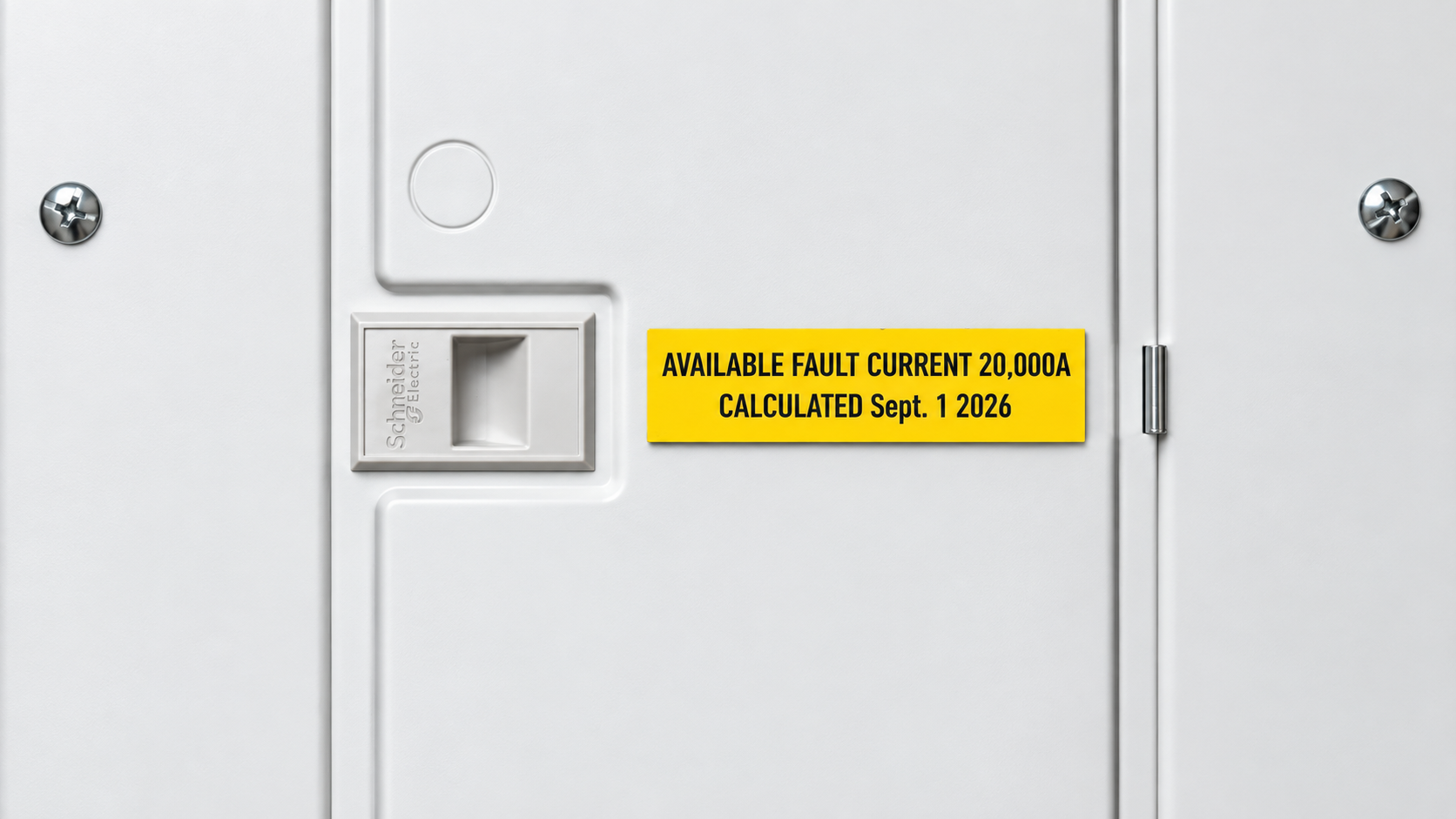 A yellow label affixed to a panelboard door reading "Available fault current 20,000A" and "Calculated Sept. 1 2026", the two items NEC 110.24 requires on the marking