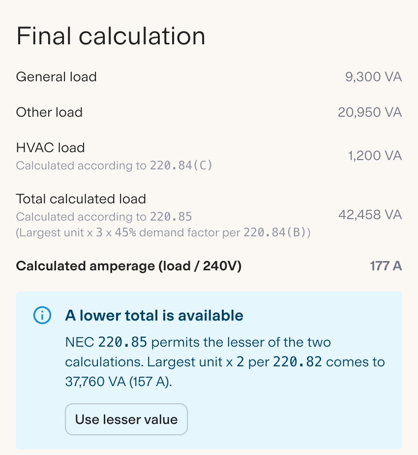 The Load Calculator's final calculation panel for a duplex, showing a total of 42,458 VA (177 A) under the three-identical-units method and an advisory offering a lower total of 37,760 VA (157 A) under NEC 220.85