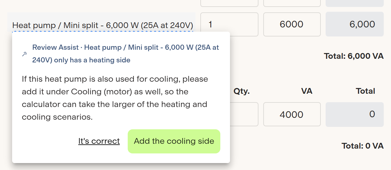 A heat pump row with a blue underline, and the Review Assist card explaining that the row only has a heating side, with an Add the cooling side button