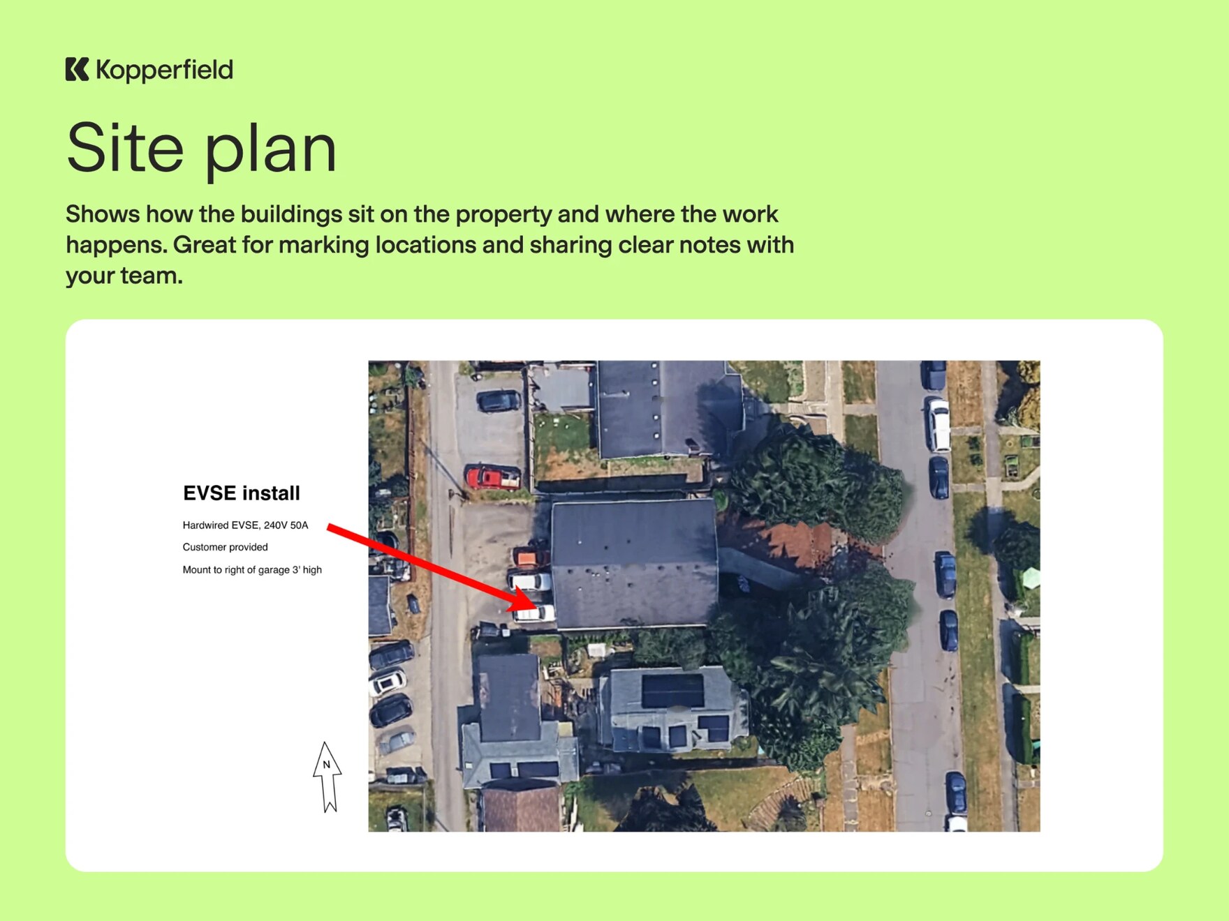 Site plan example: EV charger install marked on an aerial image of the property